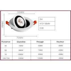 SPOTS LED ENCASTRABLES ORIENTABLES ROTATIFS 3W 5W 7W 12W 15W