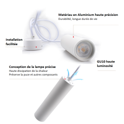 SUSPENSION LED TUBE ALUMINIUM BLANC NOIR AMPOULE GU10 5W