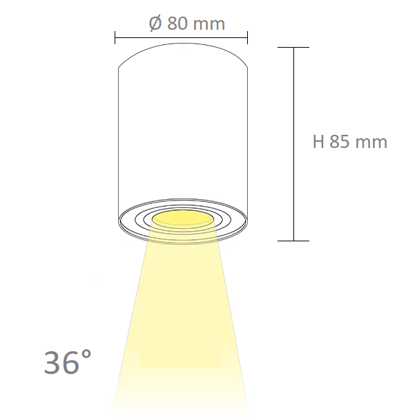 SPOT LED ROND 5W NOIR BLANC MONTAGE EN SURFACE GU10 AMOVIBLE ORIENTABLE DIMENSIONS