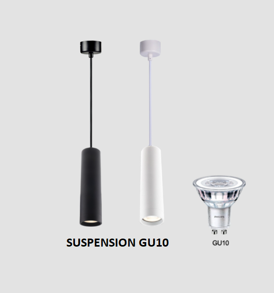 SUSPENSION LED TUBE SIMPLE ALUMINIUM BLANC NOIR AMPOULE GU10 5W  couleurs