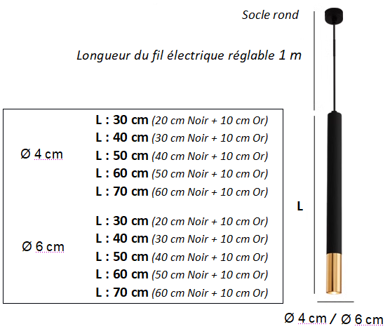 SUSPENSION LED TUBE 5W DOUBLE COULEUR : NOIRE ET OR DIMENSIONS